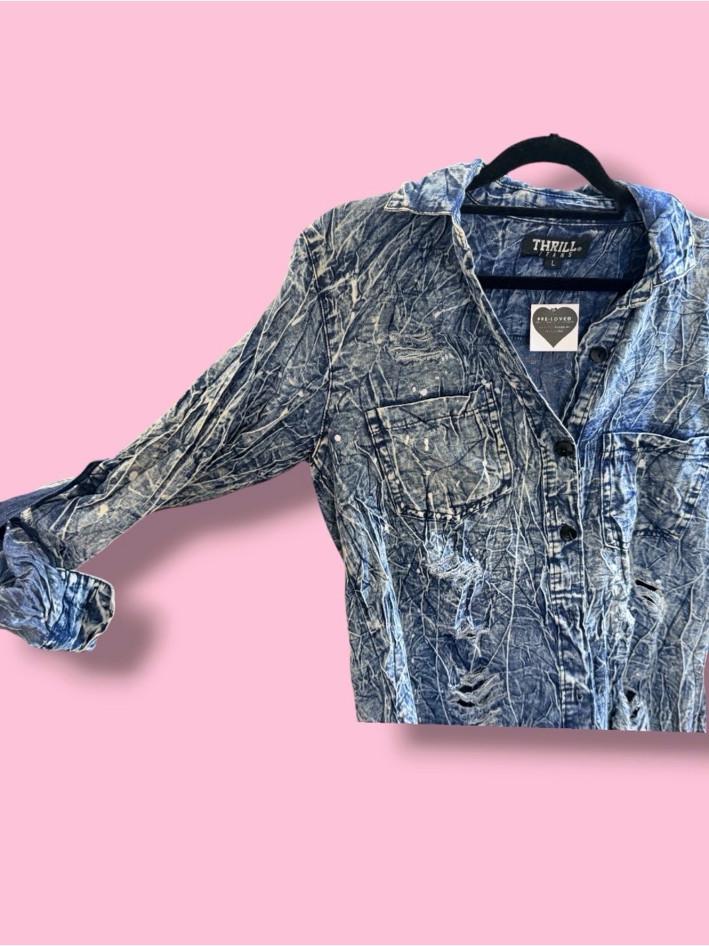 Thrill Crinkled Acid-Wash Denim Shirt Dress in Blue - Picture 3 of 5